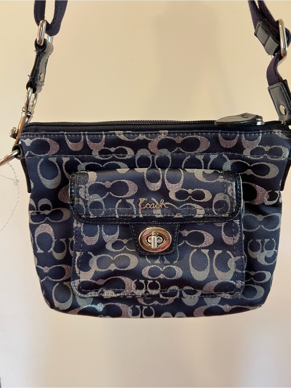 Coach Navy Signature Jacquard Crossbody with Turn-Lock Pocket